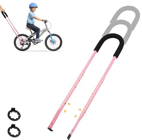 AUAUY skjutstång cykel barn, cykel körning inlärningshjälp universell, halkfritt säkerhetshandtag cykelstång, tränare greppstång balanshjälp, 4-vägs justerbar höjd (56–75 cm), rosa