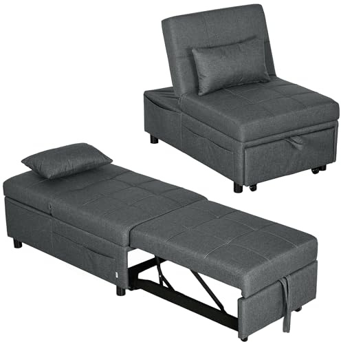 HOMCOM 4-in-1 Schlafsessel mit Bettfunktion Ausziehbares Schlafsofa Grau | Schlafstuhl mit Seitentasche, Verstellbare Rückenlehne, Leinenoptik, Bis 150 kg Belastbar, für Wohnzimmer Schlafzimmer