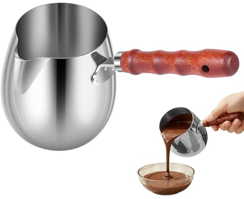 Turkish Coffee Pots Stove Top, Stainless Steel Butter Warmer with Wooden Handle, Small Milk Saucepan for Soup Milk Butter Chocolate Melting(600ml)