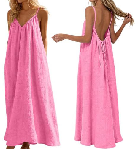 Womens Summer Maxi Dress UK,Cotton Linen Casual Oversized Tunic Dresses | V Neck Spaghetti Backless Strap Loose Fit Tie Back Sleeveless Casual Loungewear Long A-line Sundress for Summer Beach Outings