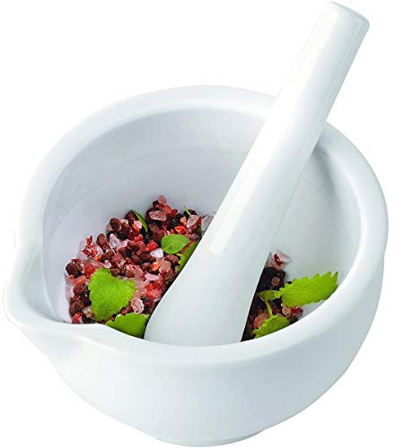GEFU Mörser MACINO, 2-tlg Set aus Porzellan, Ø 13 cm, inkl. Stößel | Gewürzmörser mit Ausgießnase und rauer Mahlfläche, ideal für Pesto und Kräuterpasten, effizientes Mahlergebnis
