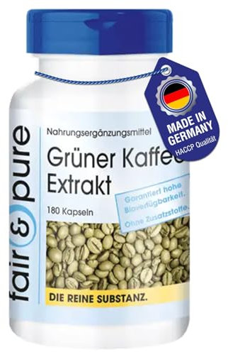 Fair & Pure Grüner Kaffee Extrakt 500mg, 180 Kapseln, hochdosiert mit 45% Chlorogensäure, Nahrungsergänzungsmittel vegan ohne Magnesiumstearat, in Deutschland hergestellt