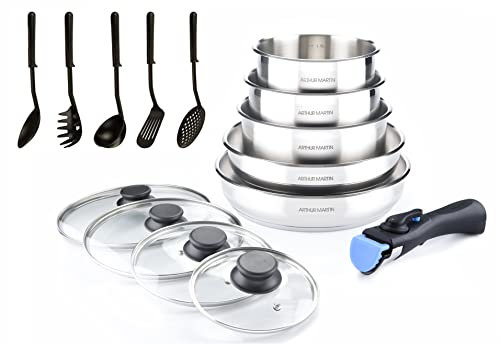 Arthur Martin - Juego de Cocina de 15 Piezas en Acero Inoxidable, Compatible con Todas Las Fuentes de Calor, 2 Sartenes (24-26 cm), 3 Ollas (16-18-20 cm), 4 Tapas, Mango Extraíble, 5 Utensilios