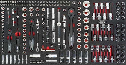 VIGOR Steckschlüssel Werkzeug-Satz, für Series XL, V4586, 1/4″, 1/4″, 3/8″ | Länge 750 mm, Breite 393 mm, Höhe 35 mm, 11762 g, 2K Weichschaumeinlage, VIGOR 2-Komponenten-Weichschaumeinlagen
