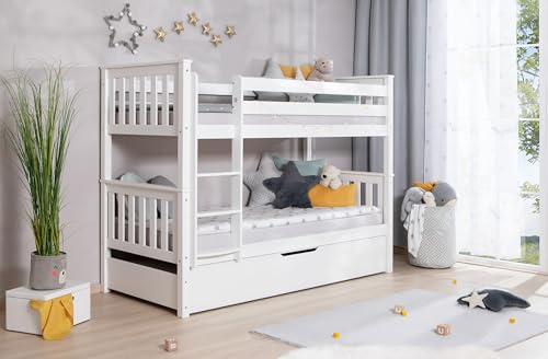 TiCAA Etagenbett, Kinderbett, Stockbett Funktionsbett für Kinder mit Treppe & Zwei Liegeflächen teilbar aus Kiefer Massivholz Weiß Bettgestell 90 x 200