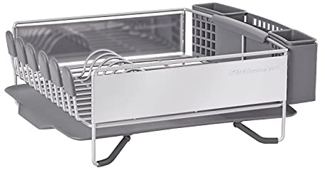 KitchenAid Compact Space Saving, Dish Rack with Removable Flatware Caddy and Angled Self Draining Drainboard, Satin Gray, 15-Inch-by-13.25-Inch