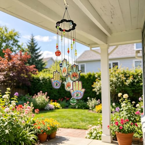 YUFENG Windspiel, Hamsa-Hand, Glücksbringer, 38,1 cm, Sonnenfänger, Metallglas-Dekoration für Haus und Garten
