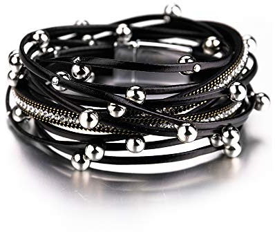 Fesciory Leather Wrap Bracelets for Women, Boho Leopard Multi-Layer Crystal Beads Cuff Bracelet Jewelry (Black Beads)