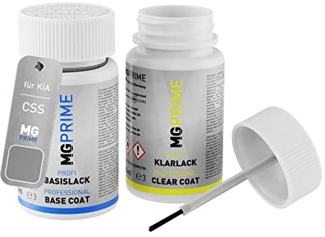 MG PRIME Autolack Lackstift für KIA CSS/CS Lunar Silver Metallic +1K | Lunarsilber Metallic, Set aus Basislack + Klarlack, Lackfläschchen mit Pinsel, je 50ml