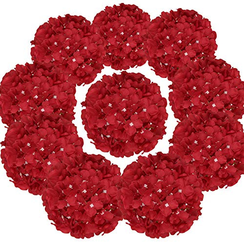 Flojery Teste di ortensia in seta, con steli artificiali, per decorazioni per la casa, matrimoni, confezione da 10 (rosso)