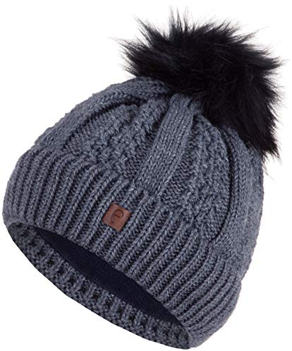 Faera Wintermütze Mütze Damen warm gefüttert Kunstfell Bommelmütze Zopf-Strickmuster Fleecefutter Bommel Winter Herbst Strickmütze Beanie Mädchen 61