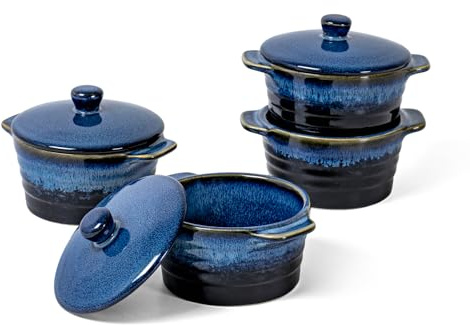 UNICASA 8 oz Ceramic Ramekins with Lid, Mini Casserole Dish with Handles Set of 4, Porcelain Small Baking Dish, Round Small Cocotte Oven Safe, Reactive Glaze (Blue)