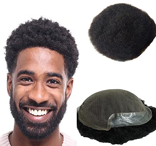 Echthaar Toupet für Männer, Full Lace Afro Toupet Echthaarteil Männer Ersatzsystem mit PU dünne Haut um natürliche atmungsaktive Schweizer Spitzenhaarteil Echthaarperücken 10 * 8 (#1 Tiefschwarz)