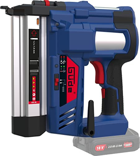 Güde Akku Klammergerät u. Nagler KN 18-0 (18V, Stiftstärke: 1 mm, max. Länge des Nagels: 50 mm, Schüsse/Minute: 80 Stk., Magazinanzeige, LED-Licht, Softgrip & Gürtelclip, ohne Akkupack und Ladegerät)