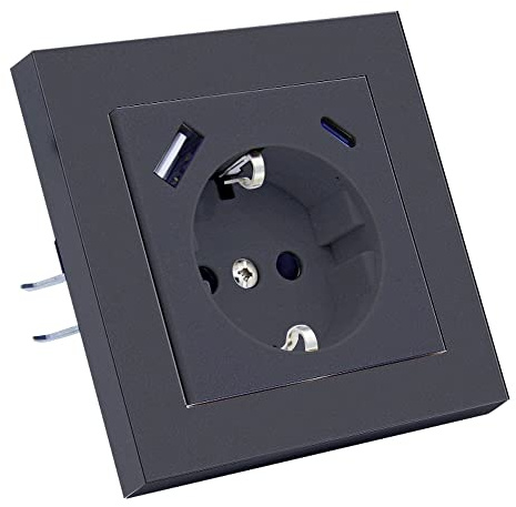 230 V Steckdose mit 1 x USB-A & 1 x USB-C, max. 3.400 mA, Schuko Wandsteckdose Unterputz, passend für Gira System 55 E2, Anthrazit, Grau