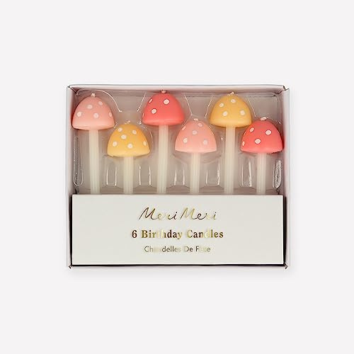 Meri Meri Mushroom Candles (Pack of 6), Woodland Birthday Candles | 3D Mushroom Shaped, Pastel Peach and Pink with White Spots, Great for Fairy Party Decorations