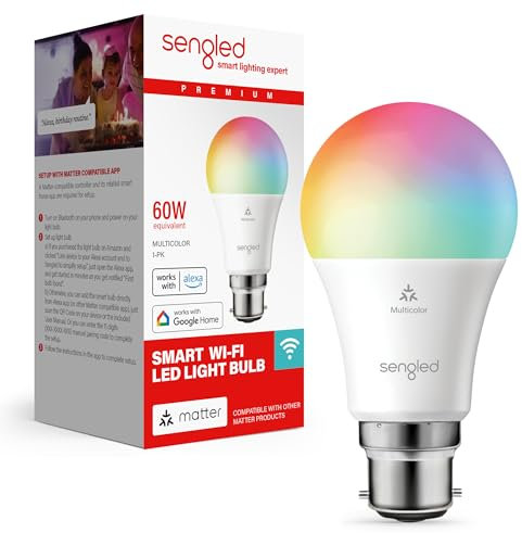 Sengled LED Smart Light Bulb (B22), Matter-Enabled, Multicolour, Works with Alexa, 60W Equivalent, 800LM, Instant Pairing, Matter-Compatible Platform Required, 2.4 GHz, Wi-Fi, 1-Pack