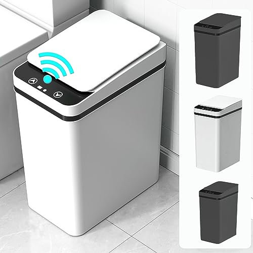LALASTAR Bote de basura inteligente para baño, cubo de basura estrecho automático con tapa, cubo de basura con sensor de movimiento para cocina, dormitorio, sala de estar, 4 galones, color blanco