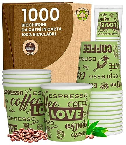 LoveGreenCUP Lot de 1000 verres en papier à café 65 ml Verres écologiques biodégradables jetables pour petites boissons chaudes