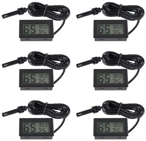 6 Stück digitales Thermometer, Hygrometer, Mini-Sondenthermometer, Temperatur- und Luftfeuchtigkeitsmessgerät für Reptilien-Inkubator, Geflügel, Büro, Wohnzimmer, Schwarz