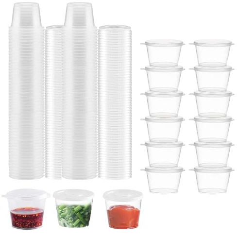 Aufbewahrungsdosen mit Deckel, 100 Stück Kleine Dosen mit Deckel Plastik, 1oz(25ml) Mini-Plastikbecher Aufbewahrungsdosen Lebensmittelbehälter für Salatsoße, Schokoladensoße, Tomatensoße