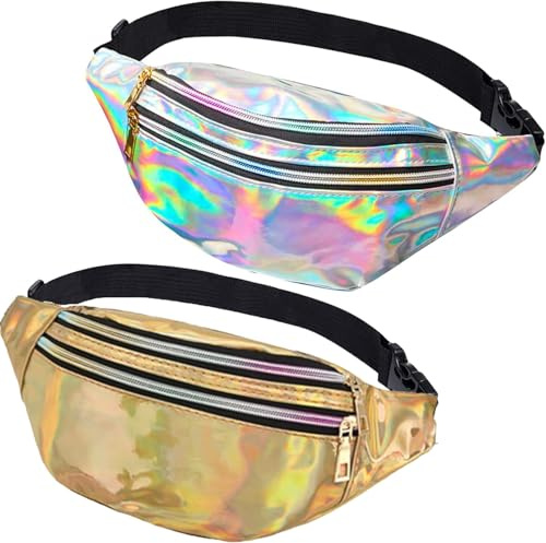 JunD Metallic & Holografische Bauchtasche, PU Leder, Wasserdicht, Reflektierend, Retro 80er & 90er Jahre (Roségold + Silber)