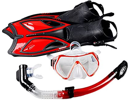 ISCBAFYX Vollgesichts-Schnorchelmasken-Set mit gehärtetem Glas, Trockenschnorchel und Langen Flossen für Erwachsene