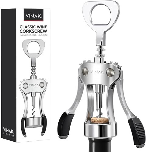 VINAK - Sacacorchos clásico de alas | Abridor de vino fácil de utilizar con abrebotellas de cerveza | Diseño ergonómico y resistente fabricado en acero cromado | Empuñaduras de goma y espiral torneada
