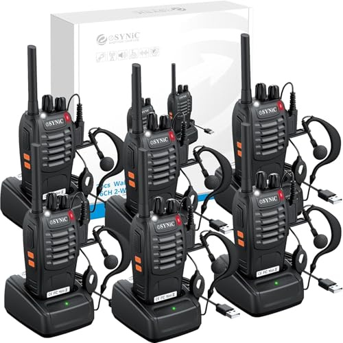 eSynic Walkie Talkie Lizenzfrei PMR446 16 Kanäle Funkgeräte Wiederaufladbarer VOX Radio PMR 0,5 W Funkempfang 16 Kanäle Sprechfunkgerät Mit USB-Ladestation und Headset (6 stück)