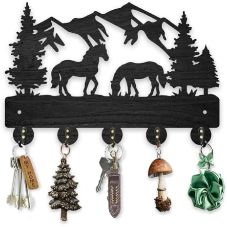 MAYJOYDIY Portachiavi da parete in legno con cavalli e montagna, 30 x 20 cm, con 5 ganci in lega, organizer da parete per ingresso, cucina, corridoio, camera da letto, soggiorno
