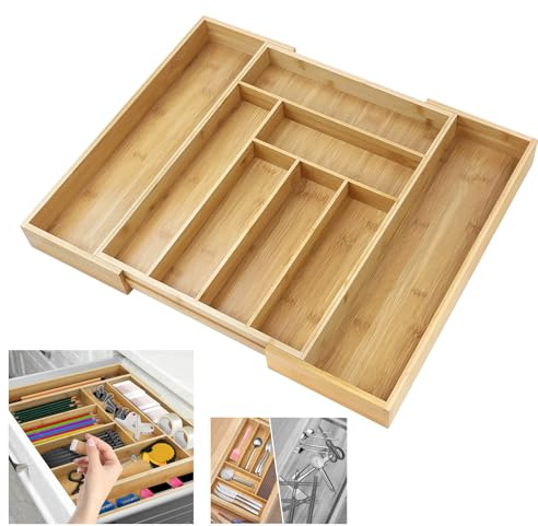 HSHa Kitchen Utensil Holder, 6 to 8 Compartment Cutlery Utensil Drawer Organiser, Expandable Bamboo Cutlery Tray, Kitchen Drawer Insert Box Storage Organiser, 52cm x 43cm x 5cm