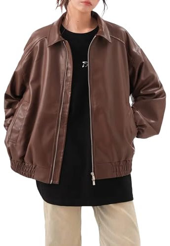 A&M Express Damen Kunstleder Oversized Jacke Braun Langarm Reiterjacke, braun, 3XL