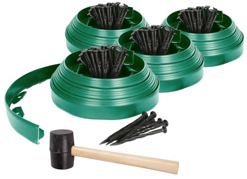 Harbour Housewares 4X Bordures de Pelouse et de Chemin en Plastique Flexible avec 40 Piquets et Maillet - 40m x 4cm - Vert - Jardin Herbe Fleur Plante Lit Pierre Frontière Bord Rouler