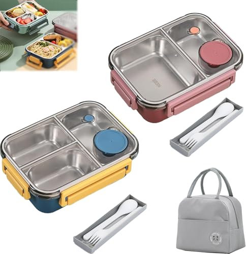 WTKYLMP Escentio Lunch Box, Stainless Steel Lunch Box for Adults, Portable Bento Box, Leakproof Large Capacity Lunch Box Containers, with Divided Compartments A Spoon and Fork (Pink + Blue,Mix)