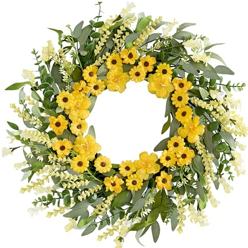 MAINGKAUNG Spring Wreath 22 Inch Spring Wreaths for Front Door Artificial Summer Wreath with Yellow Daisy Green Eucalyptus Leaves Lavender for Home Wall Farmhouse Porch Springtime Easter Holiday