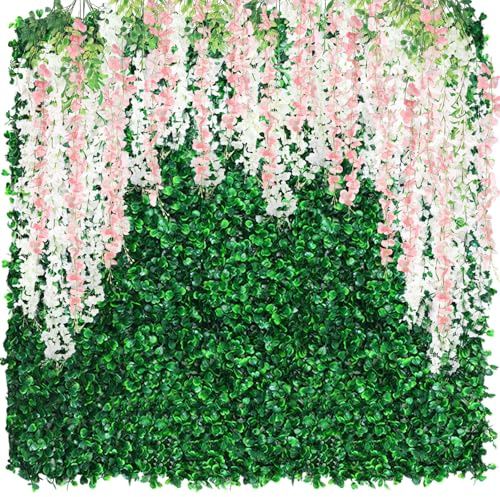 Juinte 54 Pack Greenery Backdrop with Flowers Include 18 Pcs 16 x 24 Grass Wall Panels Artificial Hedge Boxwood Panels 36 Pcs 3.6 Feet Wisteria Hanging Flowers Garland for Wedding Summer(Light Pink)