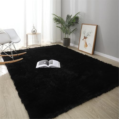 Highdi Tapis de Salon à Poils Longs Tapis Couleur Unie Doux et Moelleux Grand Tapis Tapis de Chambre Antidérapant Confortable Tapis Shaggy pour Chambre Salon (50x160cm,Noir)