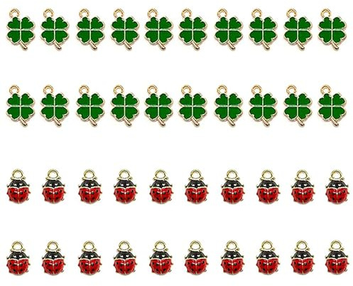 JINJUMEI 40 Stück Kleeblatt Marienkäfer Anhänger Kleeblatt Anhänger Marienkäfer Charms Metall Glücksbringer Vierblättriges Kleeblatt Glücksbringer Schlüsselanhänger Set DIY Basteln Schmuck Ornamente