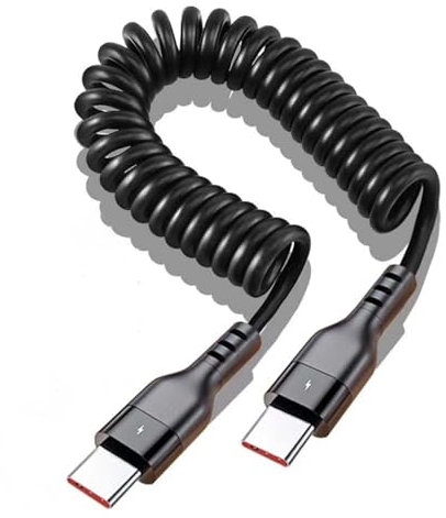 66w PD Fast Charging Type-C Cable,1.0m,Black Fast Charge Retractable Android Auto Cablecoiled USB C to USB C Charger Cable for Car, For Iphone 15-16, Samsung Galaxy S24 Ultra S23, Pixel, LG (1, black)