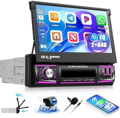 OiLiehu 2G+64G Android 13 Autoradio 1 Din avec CarPlay Android Auto sans Fil, 7“ Rétractable Manuellement Écran Tactile avec GPS WiFi Lien Miroir Bluetooth FM/RDS EQ USB AUX TF SWC Caméra Arrière