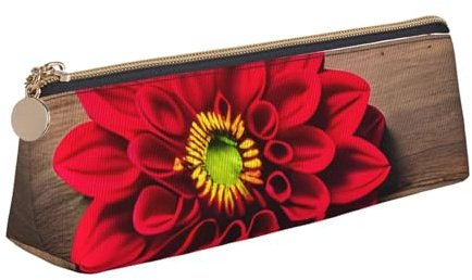 Zhuanyun Holzbrett Retro Blume Rot Dahlie Druck Dreieck Leder Schreibwaren Aufbewahrungstasche Multifunktionale Kosmetiktasche für den täglichen Gebrauch