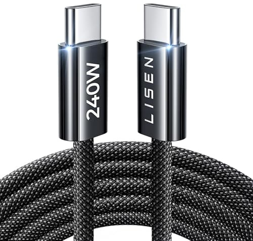 LISEN 240W Cable USB C Charge Rapide, 2m PD 5A Cable USB C vers USB C Câble USBC Chargeur Nylon Tressé pour iPhone 17 16 Samsung S25 Ultra iPad Air MacBook Pro Google Pixel 9 Xiaomi 17 Switch, Noir