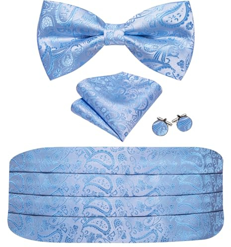 Barry.Wang Cummerbund Bow Tie Set for Men, Silk Cummerbund Pretied Bow Tie Pocket Square Cufflinks