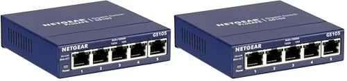 NETGEAR GS105GE LAN Switch 5 Port Netzwerk Switch (Plug-and-Play Gigabit Switch LAN Splitter, LAN Verteiler, Ethernet Hub, lüfterloses Metallgehäuse, ProSAFE Lifetime-Garantie), Blau (Packung mit 2)
