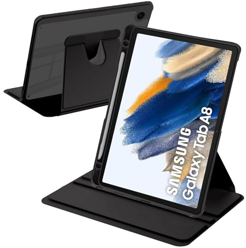 A-BEAUTY Funda Giratoria para Samsung Galaxy Tab A8 10.5 Pulgadas Negro | con S Pen Soporte, Soporte Giratorio de 360° Cubierta Trasera Transparente, Auto-Sueño/Estela