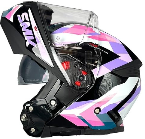 SMK Helmets Casco Modular GULLWING Charger Negro y Rosa Homologación 22.06 con Doble Visor P/J (M 57/58)