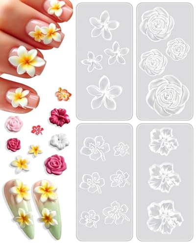 JUKOTA 4pcs Silikonform Blumen Nail Charms Silikonformen Gießformen Blume Nagel Schablone 3D Gel Nail Art Silikon Formen Plumeria Kirschblüte Rose Petunie Nagelform Fower Silicone Nail Mold