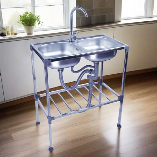 Lavello Indipendente in Acciaio Inox Lavello da cucina commerciale 2 Vasca Lavandino da Campeggio da Esterno Lavabo Mobile Portatile, per Ristorante Garage Cortile