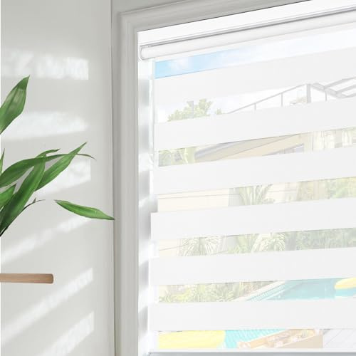 Luxevoir Panoramix No Drill Zebra Blinds for Windows Cordless Light Filtering Zebra Roller Shades Dual Layers Semi Sheer Roller Blinds Day & Night Window Shade(Snow White, Custom Size)