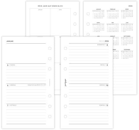 pen & pages® Kalender 2026 Zeilen liniert 1 Woche auf 2 Seiten Personal 9,5 x 17,1 cm Kalendereinlage für Ringbuch mit DACH Feiertagen und Jahresübersicht 6 fach Lochung mit Notizfeld